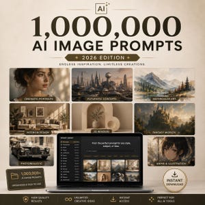 K&ouml;nnte beinhalten: Eine digitale Produktanzeige mit dem Titel 1,000,000 AI IMAGE PROMPTS 2026 EDITION. Sie zeigt einen Laptop mit einer Prompt-Bibliothek-Oberfl&auml;che, umgeben von acht Beispielbildern, darunter Portr&auml;ts, futuristische St&auml;dte, Landschaften und Innenr&auml;ume.