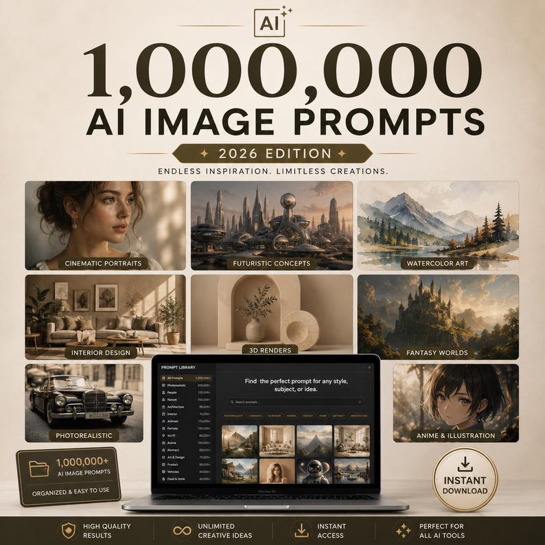 K&ouml;nnte beinhalten: Eine digitale Produktanzeige mit dem Titel 1,000,000 AI IMAGE PROMPTS 2026 EDITION. Sie zeigt einen Laptop mit einer Prompt-Bibliothek-Oberfl&auml;che, umgeben von acht Beispielbildern, darunter Portr&auml;ts, futuristische St&auml;dte, Landschaften und Innenr&auml;ume.