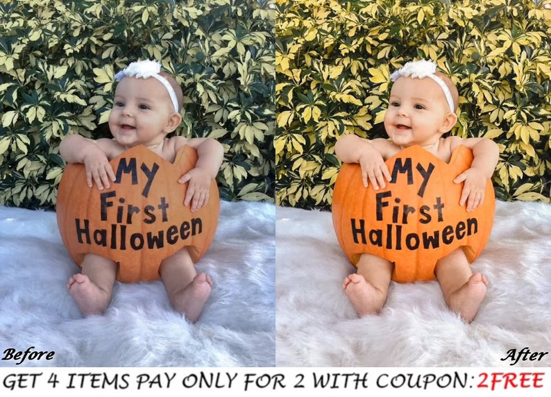 May include: A baby wearing a white headband sits inside a large orange pumpkin with the text "My First Halloween" printed on it. The baby is smiling and looking to the right. The pumpkin is sitting on a white fluffy surface.