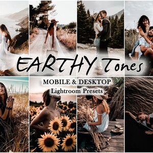 May include: A collage of photos showcasing a collection of Lightroom presets called "Earthy Tones" for mobile and desktop. The photos feature various people in different settings, including a woman in a white dress on a beach, a couple embracing in a forest, and a woman sitting in a field of sunflowers.