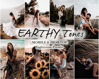 May include: A collage of photos showcasing a collection of Lightroom presets called "Earthy Tones" for mobile and desktop. The photos feature various people in different settings, including a woman in a white dress on a beach, a couple embracing in a forest, and a woman sitting in a field of sunflowers.