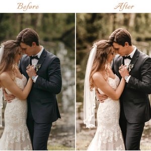 May include: A side-by-side comparison showing a wedding couple in formal attire. The left side is labeled Before and the right side is labeled After. The couple wears a white lace wedding dress with a veil and a dark suit with a bowtie.