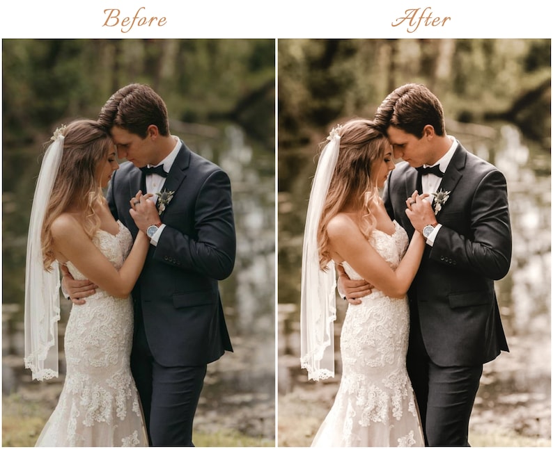 May include: A side-by-side comparison showing a wedding couple in formal attire. The left side is labeled Before and the right side is labeled After. The couple wears a white lace wedding dress with a veil and a dark suit with a bowtie.