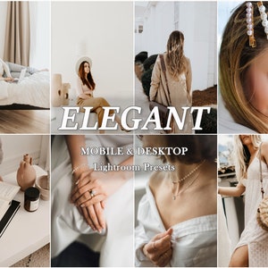 Może przedstawiać: Kolaż zdjęć prezentujący kolekcję presetów Lightroom o nazwie "Elegant: Mobile & Desktop Lightroom Presets". Zdjęcia przedstawiają różne sceny o jasnej i przewiewnej estetyce, w tym kobietę siedzącą na łóżku, kobietę idącą ulicą i kobietę w białej koszuli.