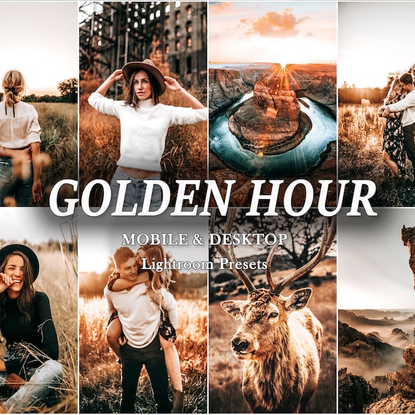 Può includere: Una collezione di otto fotografie con toni caldi e dorati, inclusi ritratti in campi, un paesaggio di canyon, un cervo e formazioni rocciose, con il testo GOLDEN HOUR MOBILE & DESKTOP Lightroom Presets.