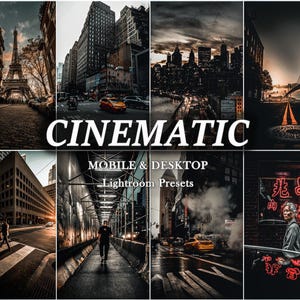 Puede incluir: Un collage de paisajes urbanos con una estética cinematográfica. Las imágenes incluyen la Torre Eiffel, rascacielos y calles de la ciudad. Superposición de texto que dice "CINEMATIC" y "MOBILE & DESKTOP Lightroom Presets."