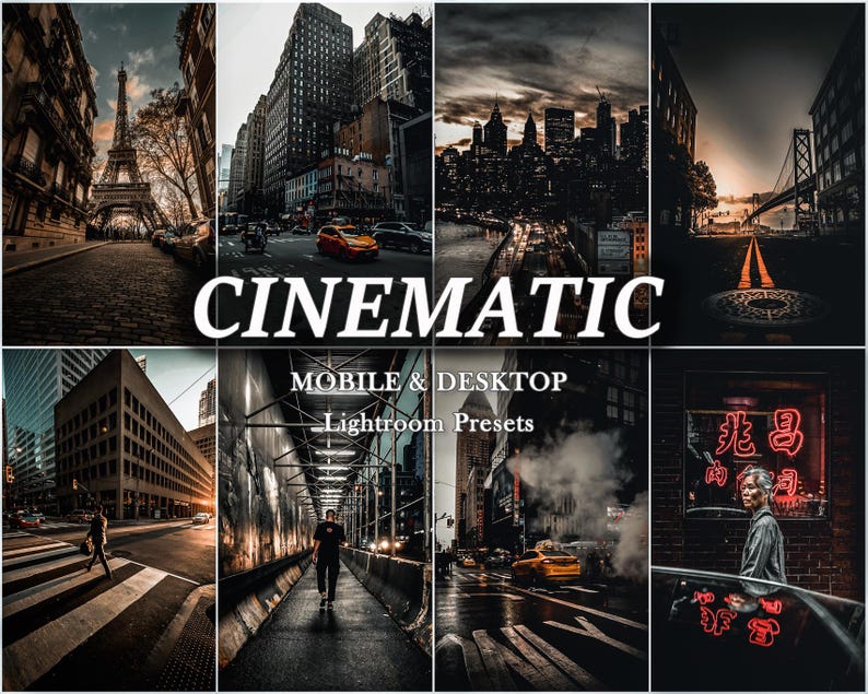 May include: A digital collage of eight urban cityscapes featuring the Eiffel Tower, skyscrapers, and street scenes with the white text CINEMATIC MOBILE & DESKTOP Lightroom Presets overlaid across the center of the image grid.