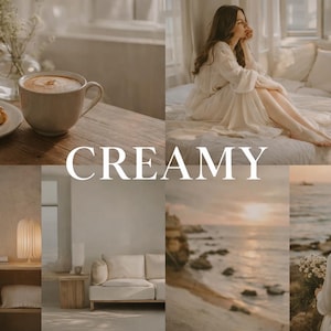Puede incluir: Un collage de imágenes con una estética cremosa y neutra. Incluye un cruasán y café, una persona con un vestido blanco, un sofá y una escena de playa. La palabra "CREAMY" se muestra en el centro.