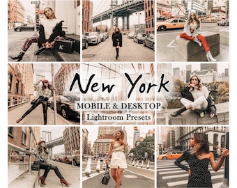 May include: A collage of photos featuring women in various outfits and poses in New York City. The photos are arranged in a grid pattern and feature a variety of locations, including the Brooklyn Bridge, Times Square, and Central Park. The text "New York" is written in a large, bold font across the middle of the collage. The text "Mobile & Desktop Lightroom Presets" is written below the text "New York".