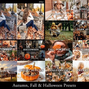 May include: A digital collage of photography presets featuring autumn, fall, and Halloween themes. The collection includes images of pumpkins, foliage, outdoor portraits, and seasonal decor with text overlays such as Pumpkin, Boho Fall, Earthy Fall, Dark Autumn, September, Halloween, Fall Portrait, Autumn, Harvest, Bright Autumn, Fall Decor, and Creamy Fall.