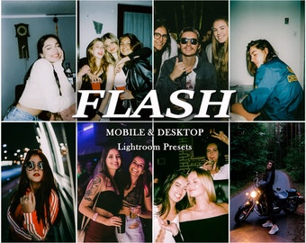 May include: A digital collection of photography filters titled FLASH MOBILE & DESKTOP Lightroom Presets, featuring a collage of eight varied images showing people in social settings, indoor environments, and outdoor scenes with high-contrast lighting.