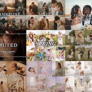May include: A digital collage of photography presets featuring various scenes including couples, landscapes, and lifestyle imagery. The text overlays include labels such as WANDERLUST, LOVERS, 35MM FILM, MUTED, SPRING, SOFT NATURAL, CREAMY NUDE, PASTEL, and SOFT TONES.