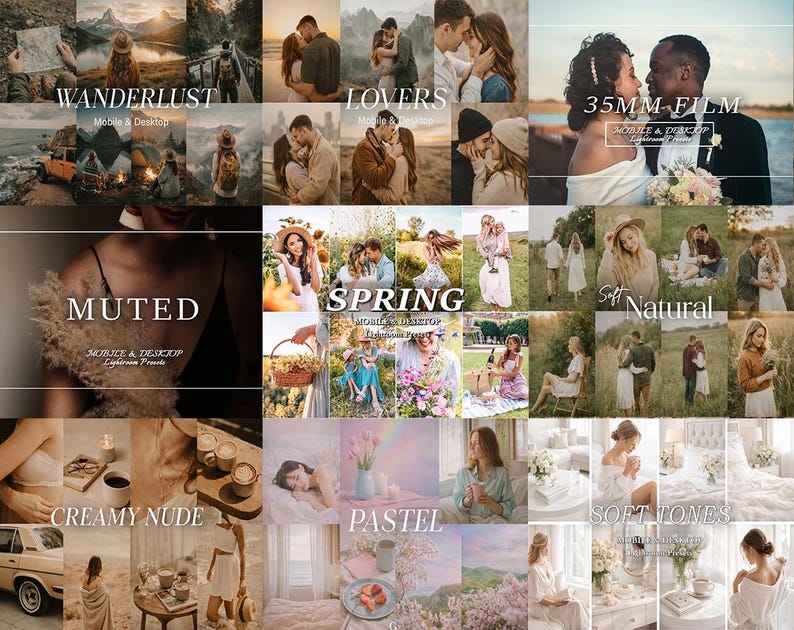 May include: A digital collage of photography presets featuring various scenes including couples, landscapes, and lifestyle imagery. The text overlays include labels such as WANDERLUST, LOVERS, 35MM FILM, MUTED, SPRING, SOFT NATURAL, CREAMY NUDE, PASTEL, and SOFT TONES.