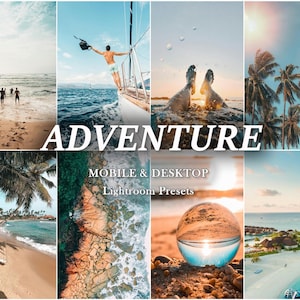 Puede incluir: Un collage de ocho fotos de viajes vibrantes con la palabra "ADVENTURE" en texto blanco grande. Las imágenes muestran escenas de playa, un velero y paisajes tropicales. Debajo, el texto dice "MOBILE & DESKTOP Lightroom Presets."