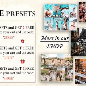 May include: A graphic with text that reads "FREE PRESETS" and offers a buy 2 get 2 free, buy 3 get 3 free, and buy 4 get 4 free deal on presets. The graphic also includes images of different preset categories, including summer vibes, festive xmas, cinematic, natural outdoor, and autumn.