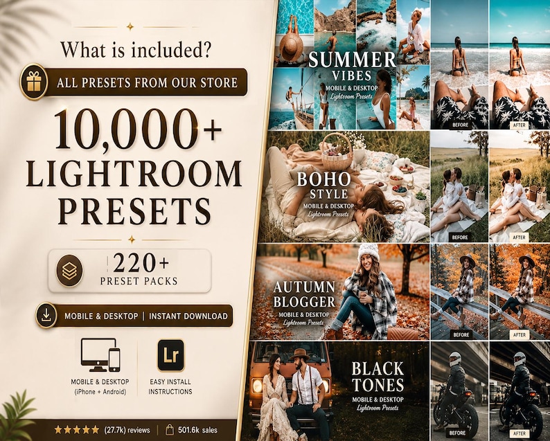 May include: A digital collection of 10,000+ Lightroom presets across 220+ packs for mobile and desktop. The graphic displays text including What is included, 10,000+ Lightroom Presets, and before-and-after photo examples for Summer Vibes, Boho Style, Autumn Blogger, and Black Tones.