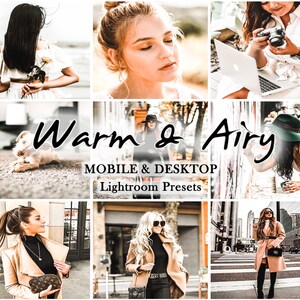 May include: A set of Lightroom presets called "Warm & Airy" for mobile and desktop. The presets are designed to give photos a warm, airy, and light feel. The image shows several examples of how the presets can be used to edit photos.