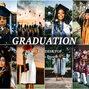 Op de afbeelding: Een collage van afbeeldingen met afstudeerfeesten. Mensen in toga's en hoeden zijn te zien, sommigen gooien hun hoeden in de lucht. Het woord "GRADUATION" staat prominent afgebeeld, samen met de tekst voor "MOBILE & DESKTOP Lightroom Presets".