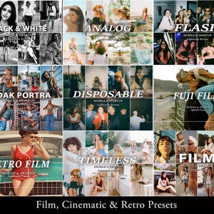May include: A digital collection of photography presets featuring various aesthetic styles including black and white, analog, flash, Kodak Portra, disposable, Fuji film, retro film, timeless, and film, displayed as a grid of sample images.