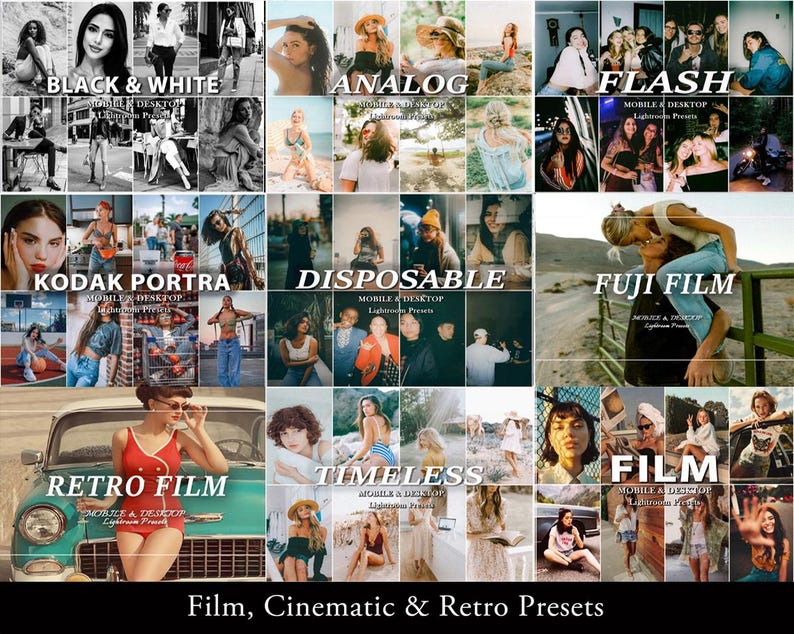 May include: A digital collection of photography presets featuring various aesthetic styles including black and white, analog, flash, Kodak Portra, disposable, Fuji film, retro film, timeless, and film, displayed as a grid of sample images.