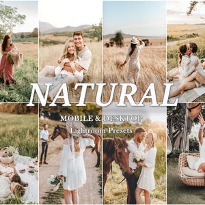 Op de afbeelding: Een collage van lifestyle foto's met een natuurlijke esthetiek. Het woord "NATURAL" wordt weergegeven in grote witte letters. De tekst hieronder luidt "MOBILE & DESKTOP Lightroom Presets". De afbeeldingen tonen mensen in buitenomgevingen.