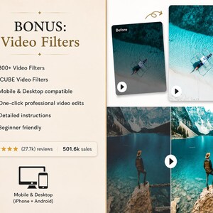 May include: A digital product listing for 300+ video filters compatible with mobile and desktop devices. The graphic displays text including BONUS: Video Filters, features, 27.7k reviews, 501.6k sales, and before-and-after video editing examples.