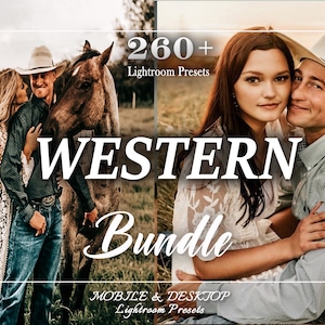 以下が含まれることがあります： 馬と一緒にいるカップルが、素朴な雰囲気の場所で写っています。画像には「260+ Lightroom Presets」と「WESTERN Bundle」のテキストが表示されています。モバイルとデスクトップ用のLightroomプリセットです。