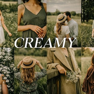 Puede incluir: Un collage de imágenes con mujeres con vestidos y una pareja en un campo. La palabra "CREAMY" se muestra en letras blancas grandes. Las imágenes tienen una estética suave y natural, con un enfoque en entornos al aire libre y luz natural.
