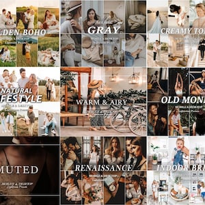 Op de afbeelding: Een digitale collectie Lightroom-presets voor mobiel en desktop, met negen verschillende stijl-categorie&euml;n genaamd Golden Boho, Gray, Creamy Tones, Natural Lifestyle, Warm & Airy, Old Money, Muted, Renaissance en Indoor Bright.