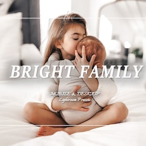 May include: A young girl with long blonde hair is holding a baby in her arms. The girl is wearing a white sweater and the baby is wearing a white onesie. They are sitting on a white bed with a white blanket. The text "BRIGHT FAMILY" is written in white letters on a black background.