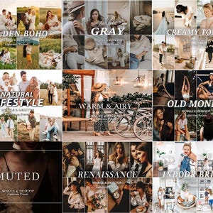 May include: A digital collection of Lightroom presets for mobile and desktop, featuring nine distinct style categories labeled Golden Boho, Gray, Creamy Tones, Natural Lifestyle, Warm & Airy, Old Money, Muted, Renaissance, and Indoor Bright.