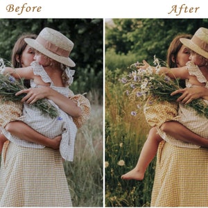 May include: A side-by-side comparison showing a yellow and white gingham dress and a straw hat with a brown ribbon. The image displays a person holding a child who is wearing a light-colored gingham dress and a straw hat, both holding wildflowers.