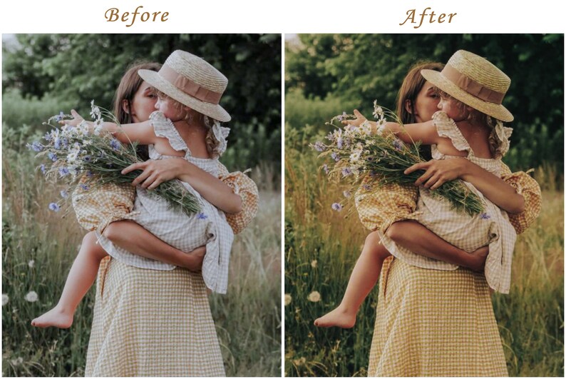 May include: A side-by-side comparison showing a yellow and white gingham dress and a straw hat with a brown ribbon. The image displays a person holding a child who is wearing a light-colored gingham dress and a straw hat, both holding wildflowers.