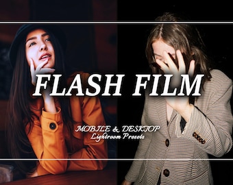 May include: A split-screen digital graphic featuring the text FLASH FILM and MOBILE & DESKTOP Lightroom Presets. The left side shows a person in a mustard-colored jacket and hat. The right side shows a person in a brown and white checkered blazer.
