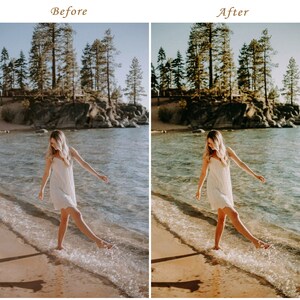 May include: A split-screen comparison showing a before and after photo edit of a person in a white sleeveless dress standing in shallow water at a sandy beach with pine trees and rocky terrain in the background under a clear blue sky.