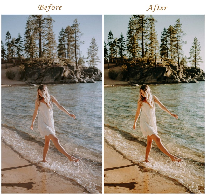 May include: A split-screen comparison showing a before and after photo edit of a person in a white sleeveless dress standing in shallow water at a sandy beach with pine trees and rocky terrain in the background under a clear blue sky.