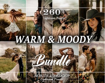 Puede incluir: Un collage de imágenes que muestran un paquete de más de 260 ajustes preestablecidos de Lightroom para dispositivos móviles y de escritorio. Los ajustes preestablecidos están diseñados para crear ediciones cálidas y melancólicas con un toque vintage. Las imágenes presentan parejas, paisajes y retratos.