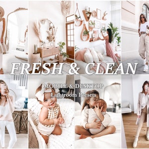 Op de afbeelding: Een collage van afbeeldingen met verschillende mensen in een lichte en luchtige omgeving. De afbeeldingen tonen een verscheidenheid aan stijlen en poses, met de nadruk op natuurlijk licht en een schone esthetiek. De tekst "FRESH & CLEAN" wordt prominent weergegeven in het midden van de collage, samen met de zin "MOBILE & DESKTOP Lightroom Presets".