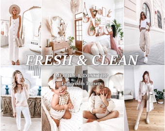 May include: A collage of images featuring various people in a light and airy setting. The images showcase a variety of styles and poses, with a focus on natural light and a clean aesthetic. The text "FRESH & CLEAN" is prominently displayed in the center of the collage, along with the phrase "MOBILE & DESKTOP Lightroom Presets".