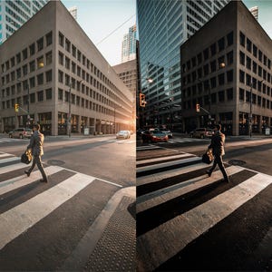 May include: A split-screen comparison of a city street intersection featuring a pedestrian crossing the road at a crosswalk. The left side shows a lighter exposure, while the right side displays a darker, high-contrast edit with warmer tones.