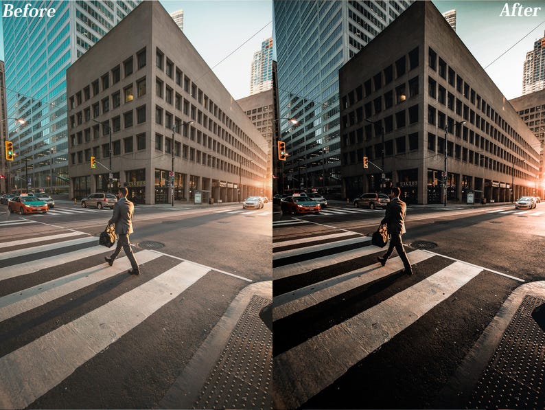 May include: A split-screen comparison of a city street intersection featuring a pedestrian crossing the road at a crosswalk. The left side shows a lighter exposure, while the right side displays a darker, high-contrast edit with warmer tones.