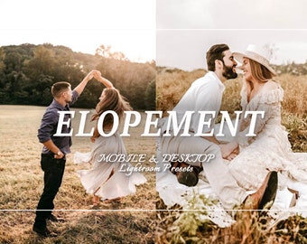 Puede incluir: Una pantalla de producto digital que muestra dos fotografías divididas de una pareja en un campo, con el texto blanco ELOPE MENT MOBILE & DESKTOP Lightroom Presets superpuesto en el centro de las imágenes con una fuente serif.