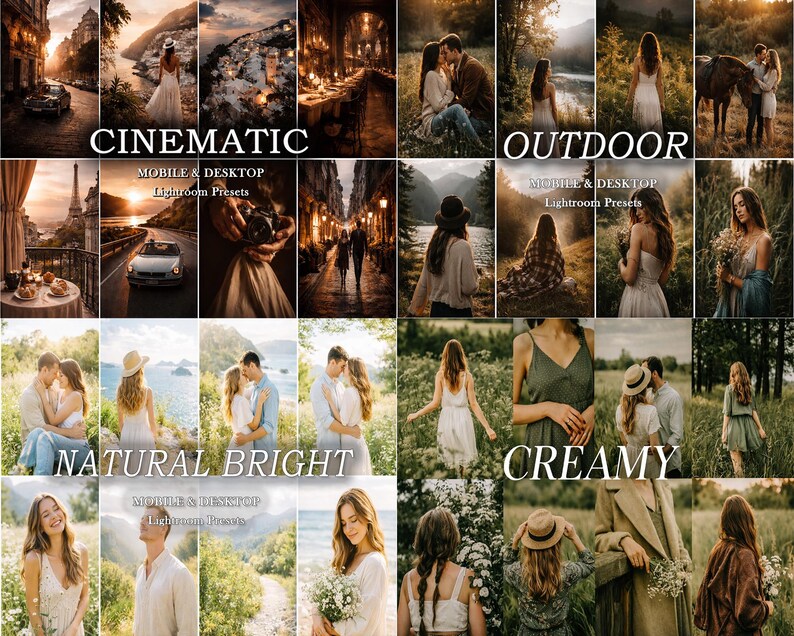 May include: A digital collection of photography presets for mobile and desktop, featuring a grid of various lifestyle and portrait images categorized under the labels CINEMATIC, OUTDOOR, NATURAL BRIGHT, and CREAMY, showcasing diverse lighting styles.