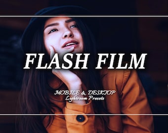 May include: A digital graphic featuring the text FLASH FILM MOBILE & DESKTOP Lightroom Presets overlaid on a portrait of a person wearing a dark hat and an orange jacket, with one hand resting near their chin, showcasing a high-contrast aesthetic.