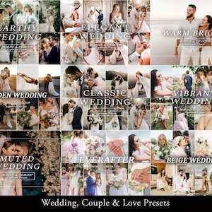 May include: A digital collage of wedding photography featuring various couples in diverse settings, labeled with text overlays including Earthy Wedding, Elegant Wedding, Warm Bright, Golden Wedding, Classic Wedding, Vibrant Wedding, Muted Wedding, Everafter, and Beige Wedding.