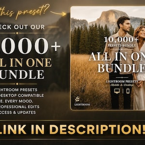 May include: A digital advertisement for a 10,000+ Lightroom presets bundle. The graphic features text stating 10,000+ ALL IN ONE BUNDLE, a photograph of a couple in a field, and icons for mobile and desktop compatibility. The bottom includes a link button.