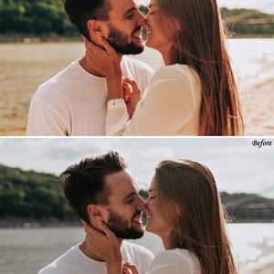 May include: A split-screen comparison showing a couple in white shirts touching noses outdoors. The top panel labeled After displays a warmer, brighter color grade, while the bottom panel labeled Before shows a cooler, slightly darker tone.