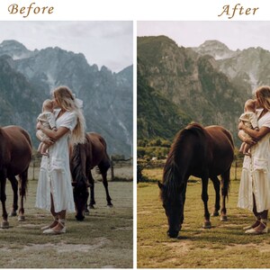 May include: A split-screen comparison showing a person in a white dress holding a baby in a field with two brown horses and mountains in the background. The left side is labeled Before, and the right side is labeled After, showing a warm color edit.