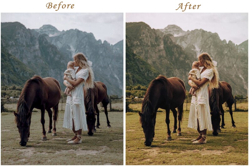 May include: A split-screen comparison showing a person in a white dress holding a baby in a field with two brown horses and mountains in the background. The left side is labeled Before, and the right side is labeled After, showing a warm color edit.