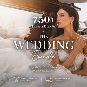 Può includere: Una pubblicità di prodotto digitale per 750+ Presets Bundle, The Wedding Bundle, Lightroom Presets, Mobile & Desktop. L'immagine mostra una persona con un abito da sposa in pizzo bianco con maniche scoperte, orecchini di perle e un anello.